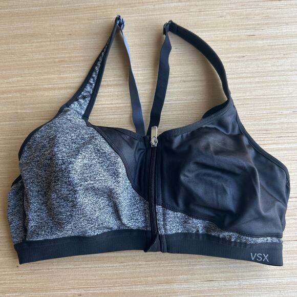 VSX Victorias Secret Sport Bra 36B Knockout Black Gray Front Zip Clasp Racerback - Picture 1 of 9
